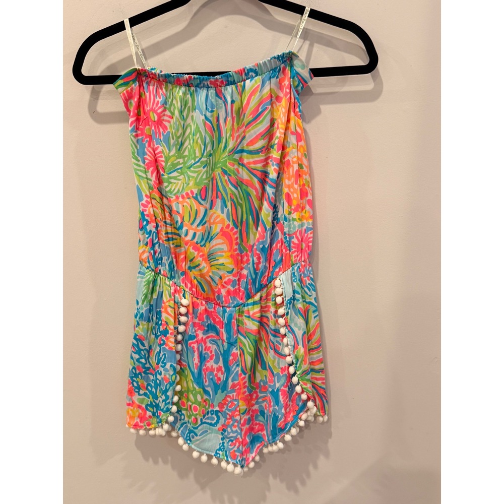 Lilly Pulitzer Women Strapless Pom Pom Trim Romper Multi Color Floral Size S